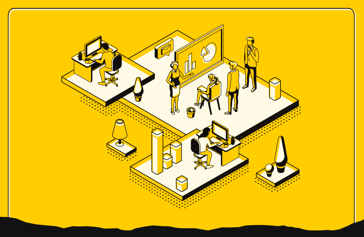 Isometric illustration of a digital marketing agency team presenting analytics charts, managing SEO content, and analyzing campaign data.